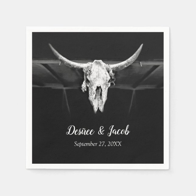 Serviette En Papier Mariage Rustique Western Noir et Blanc Taureau (Devant)