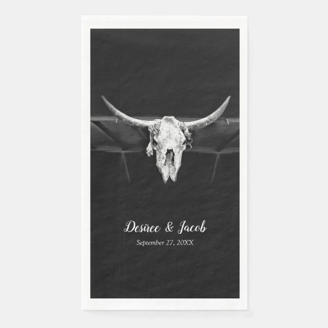 Serviette En Papier Mariage Rustique Western Noir et Blanc Taureau (Devant)