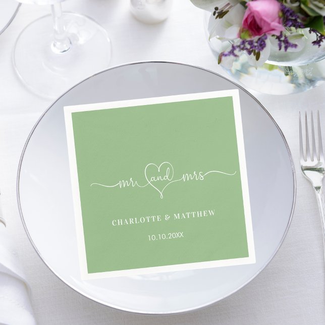 Serviette En Papier Mariage sage vert m. mrs coeur script simple (Créateur téléchargé)