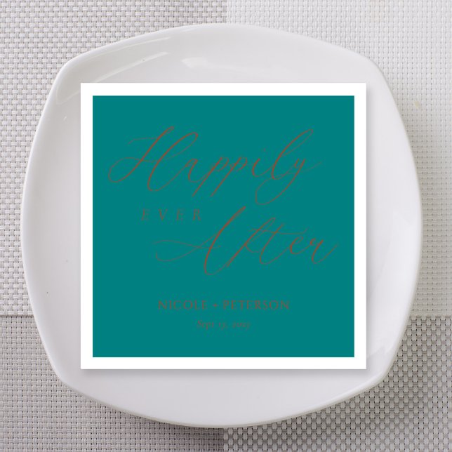Serviette En Papier Mariage sarcelle élégant écriture cuivre (Teal wedding napkin, "Happily Ever After" in copper flourish calligraphy, personalized names)