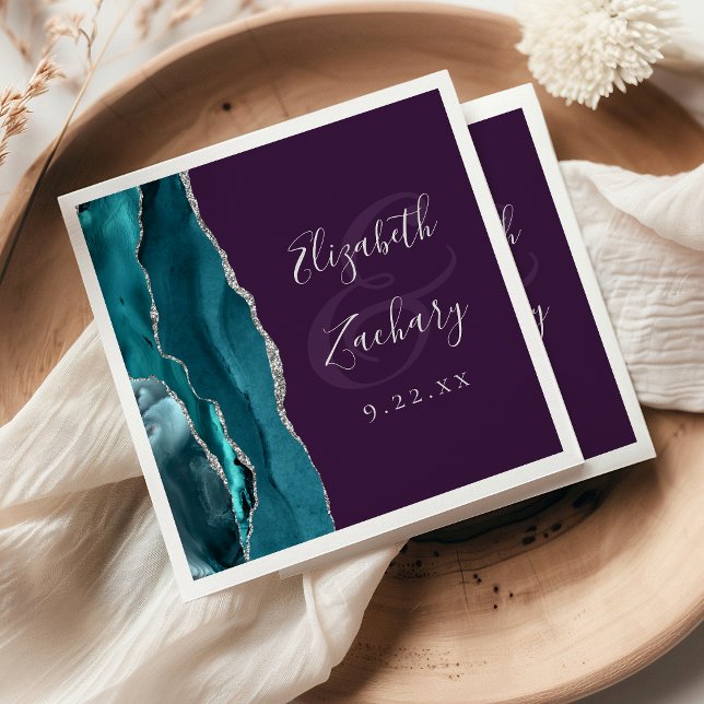 Serviette En Papier Mariage Script Géode d'Agate Turquoise Argent Viol (Créateur téléchargé)