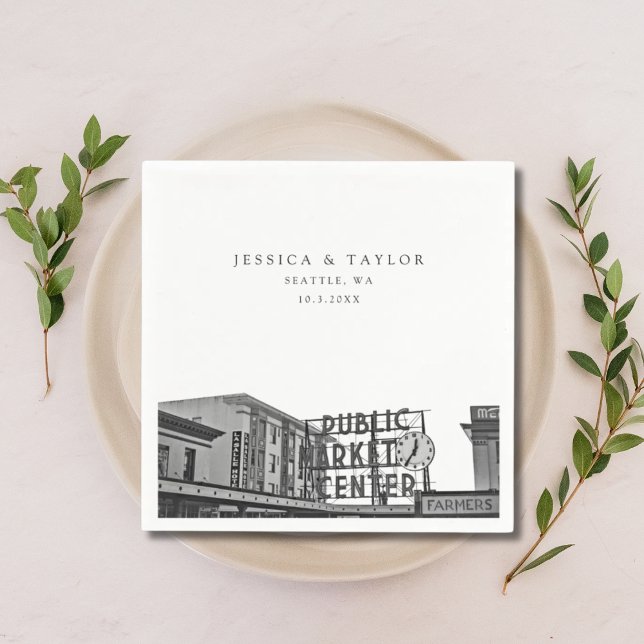 Serviette En Papier Mariage Seattle Photo personnalisée Cocktail Napki (Pikes Place Wedding View Personalized Napkin)