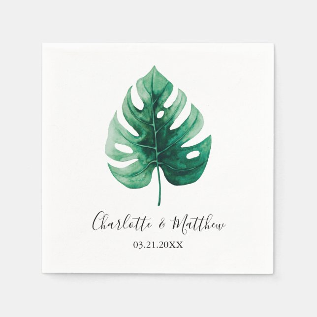 Serviette En Papier Mariage simple Tropical Vert Monstera feuille (Devant)