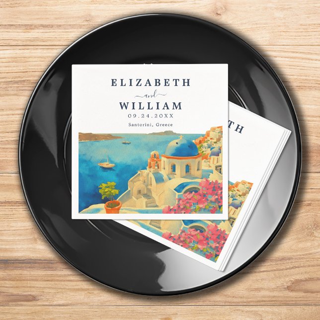 Serviette En Papier Mariage Skyline Santorini Grèce Watercolor (Créateur téléchargé)