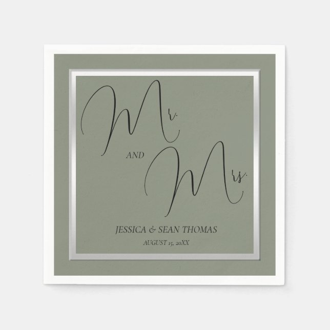 Serviette En Papier Mariage Sophistiqué Sage & Argent (Devant)