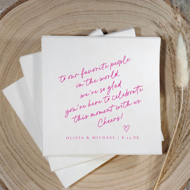 Serviette En Papier Mariage Style Note d'Amour Écriture Manuscrite Ros (Magenta hot pink love note wedding napkin with handwritten note, heart, and modern script design.)