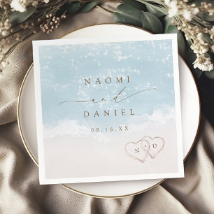 Serviette En Papier Mariage sur la plage avec coeurs dans le sable en