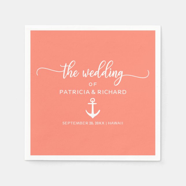 Serviette En Papier Mariage sur la plage d'ancrage Corail et Blanc (Devant)