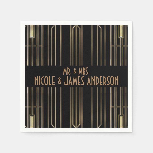 Serviette En Papier Mariage sur mesure Black & Gold 20's Art Déco Gats (Devant)
