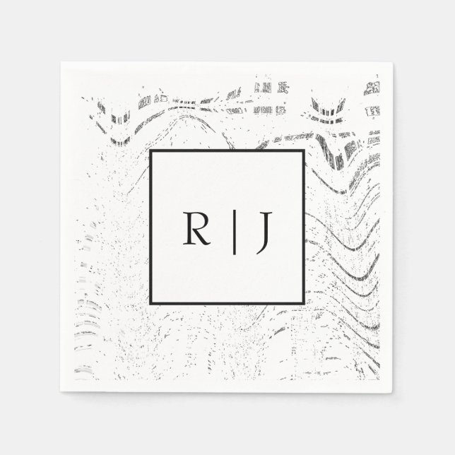 Serviette En Papier Mariage Tourbillons Abstraits Noir Blanc Monogramm (Devant)