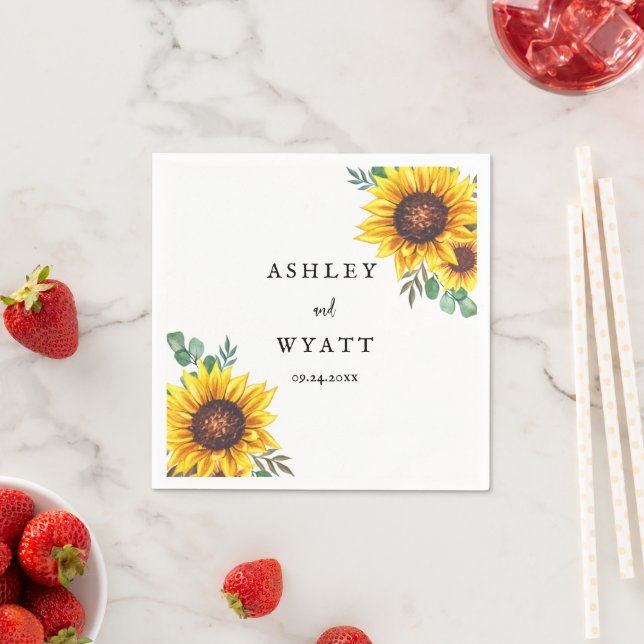 Serviette En Papier Mariage Tournesol Jaune Moderne (En situation)