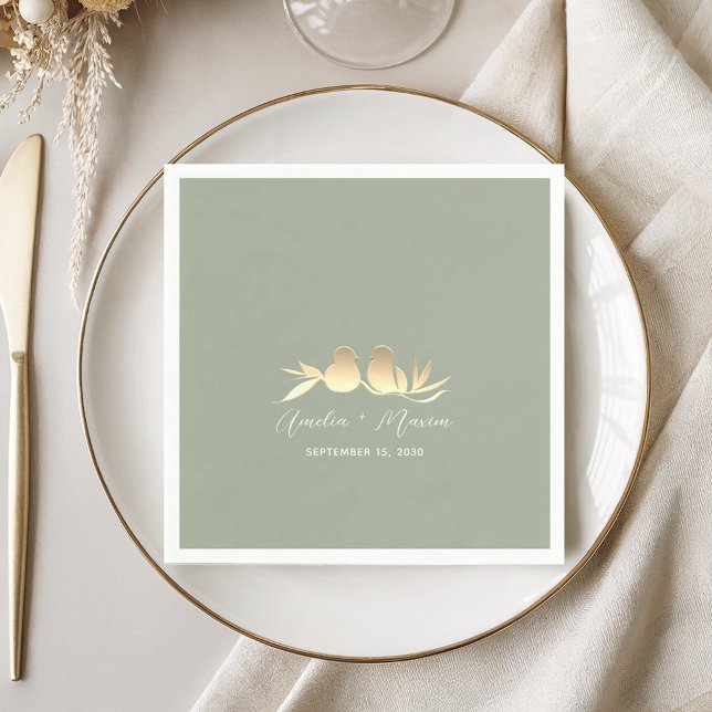 Serviette En Papier Mariage Tourterelles Or Vert Sage (Créateur téléchargé)
