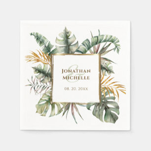 Serviette En Papier Mariage Tropical Elegant Green Palms Gold Frame