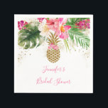 Serviette En Papier Mariage Tropical Floral de l'ananas<br><div class="desc">Ces serviettes pour la douche de la mariée estivale ont de belles fleurs aquarelles tropicales avec des confettis en faux or et un ananas en faux or. Le texte rose et or coordonné complète le magnifique design floral.</div>
