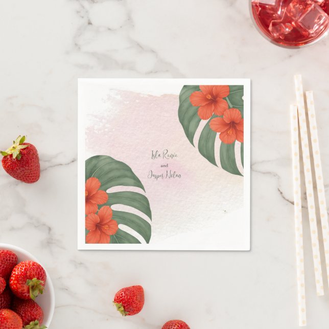 Serviette En Papier Mariage Tropical Monstera & Hibiscus (En situation)
