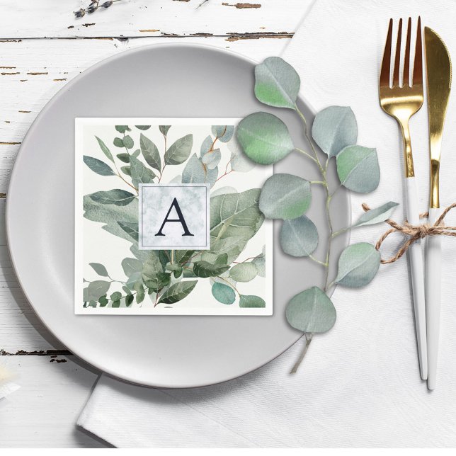 Serviette En Papier Mariage Tropical Vert Eucalyptus Monogrammé (In situ Wedding reception)