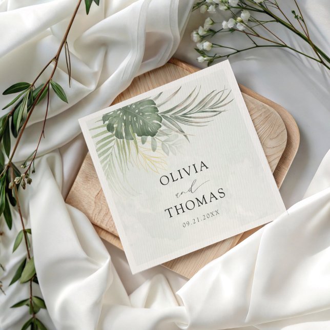 Serviette En Papier Mariage Tropical Vert Monstera Côté Mer (Créateur téléchargé)