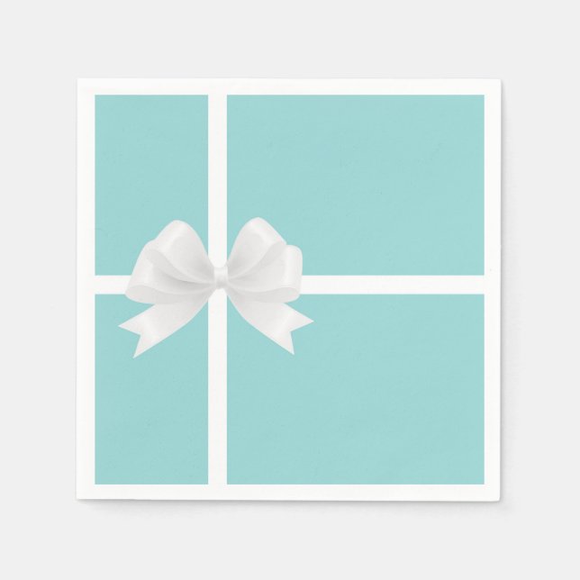 Serviette En Papier Mariage Turquoise Bleu Grand Ruban Blanc (Devant)