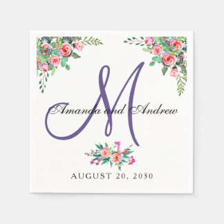 Serviette En Papier Mariage ultra-violet floral chic de monogramme