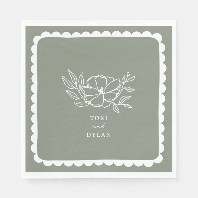 Serviette En Papier Mariage végétal vert Sage Botanique Scalloped (Devant)