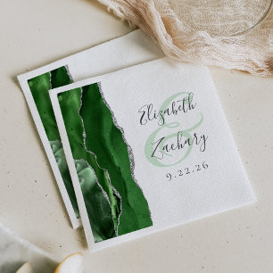 Serviette En Papier Mariage Vert Chasseur Agate Geode Script Argent