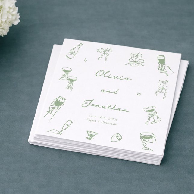 Serviette En Papier Mariage Vert Dessiné à la Main (Créateur téléchargé)