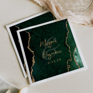Serviette En Papier Mariage Vert Émeraude Agate Or Script