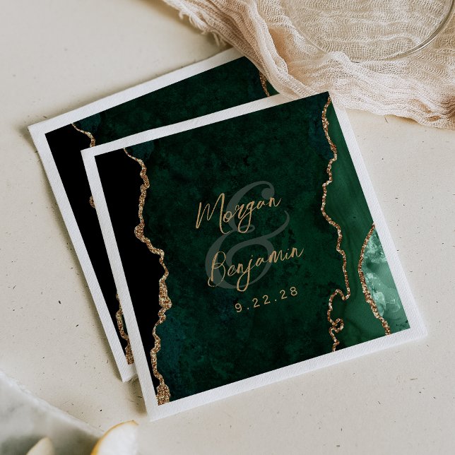Serviette En Papier Mariage Vert Émeraude Agate Or Script (Créateur téléchargé)