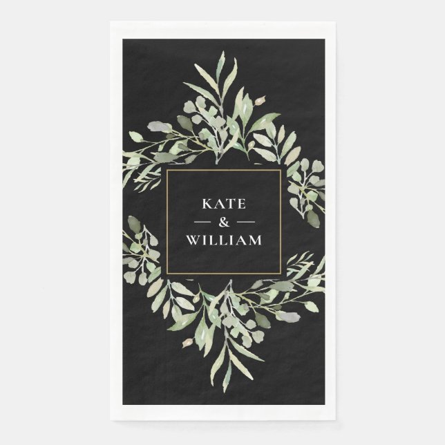 Serviette En Papier Mariage Vert Foncé Et Blanc Or (Devant)