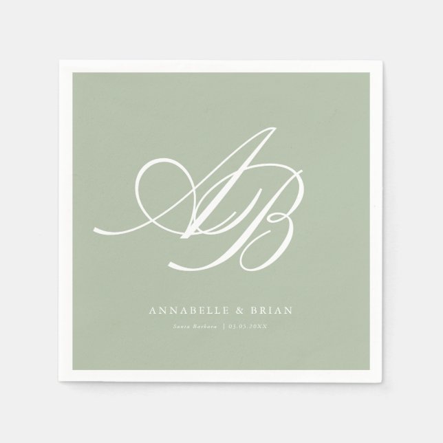 Serviette En Papier Mariage Vert Monogramme Élégant  (Devant)