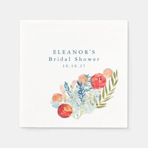 Serviette En Papier Mariage Vintage Aquarelle Fleurs Bleues et Rouges