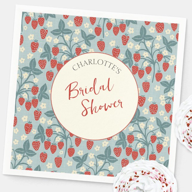 Serviette En Papier Mariage Vintage aux Fraises (Vintage style block print strawberry plant personalized bridal shower party paper napkins)