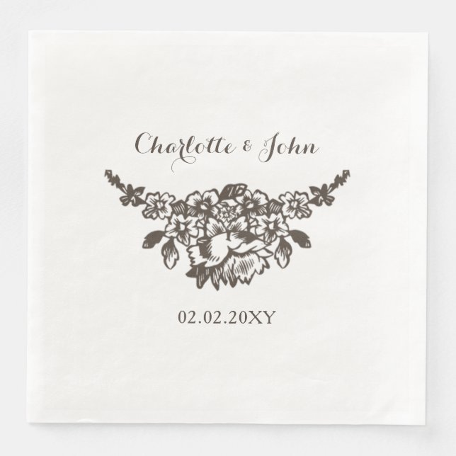 Serviette En Papier Mariage Vintage Floraison Rustique (Devant)