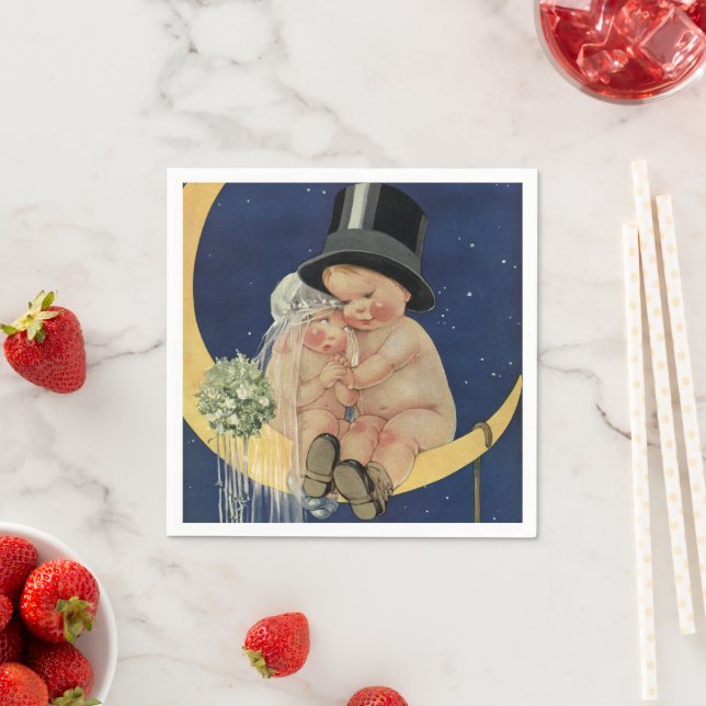 Serviette En Papier Mariage Vintage, joli couple de mariés sur une Lun (En situation)