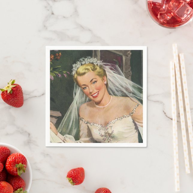 Serviette En Papier Mariage Vintage, Mariée Rétro avec Fille aux Fleur (En situation)