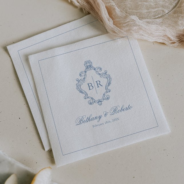 Serviette En Papier Mariage Vintage Monogram Bleu (Créateur téléchargé)