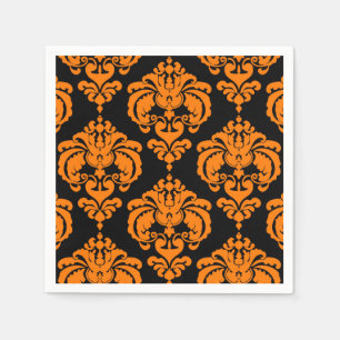 Serviette En Papier Mariage Vintage Orange & Black Damask Fête de réce