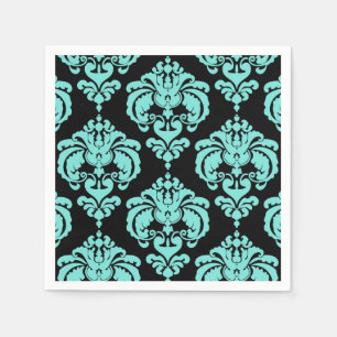 Serviette En Papier Mariage Vintage Teal & Black Damask Fête de récept