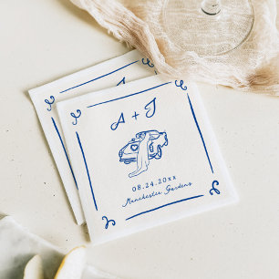 Serviette En Papier Mariage Voiture Vintage Navy Dessinée à la Main Fa