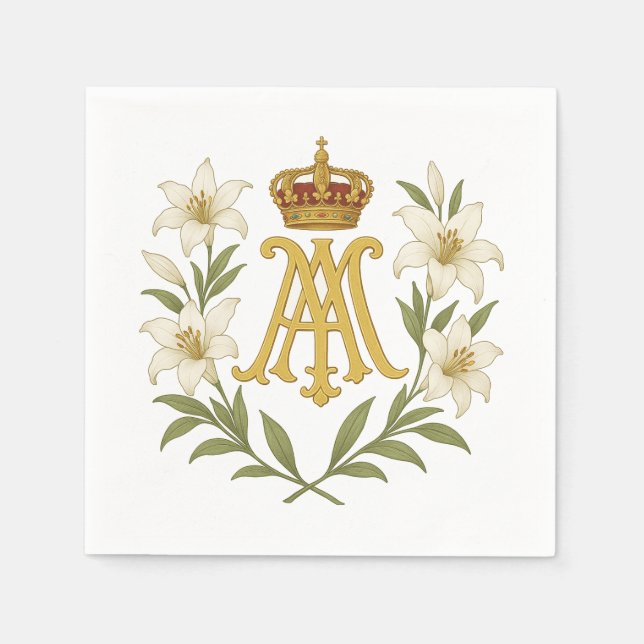 Serviette En Papier Marian Monogram Gold Crown White Lily Catholic  (Devant)