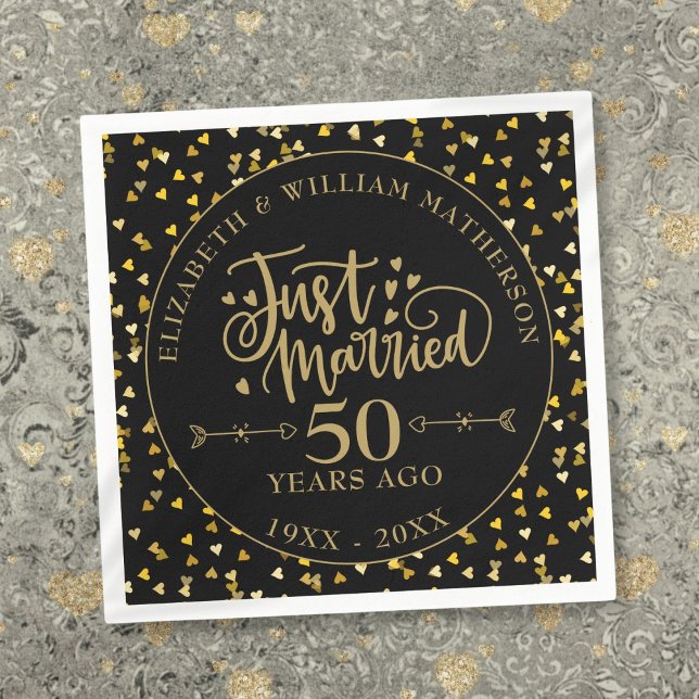 Serviette En Papier Marié 50e Anniversaire Noir et Or (Just Married 50th Anniversary Black And Gold Napkins)
