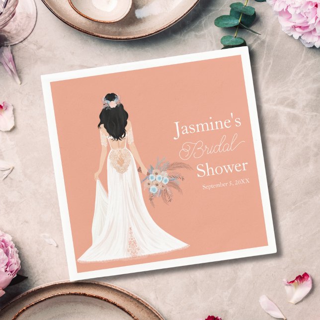 Serviette En Papier Mariée aux cheveux noirs boho avec des fleurs (Créateur téléchargé)