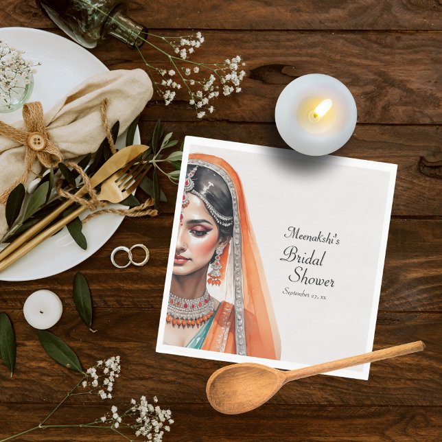 Serviette En Papier Mariée en choli de lehenga ethnique indien douche  (Flat lay indian hindu desi bridal shower elegance – Bridal Shower Napkin)