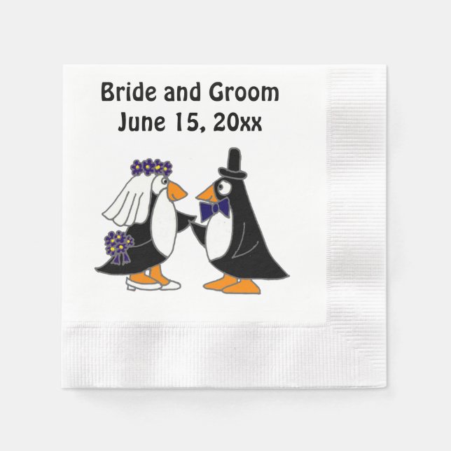 Serviette En Papier Mariée et groom Penguin Mariage Art (Devant)
