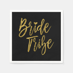 Serviette En Papier Mariée Tribe Faux Gold Foil et Noir avec coeur