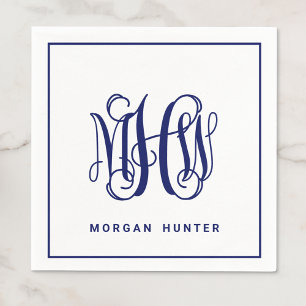 Serviette En Papier Marine 3 Initial Script Monogramme Vigne DIY Fond