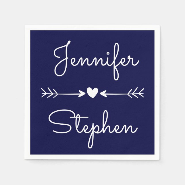Serviette En Papier Marine Bleu & Blanc Mariage Coeur & Flèches d'amou (Devant)