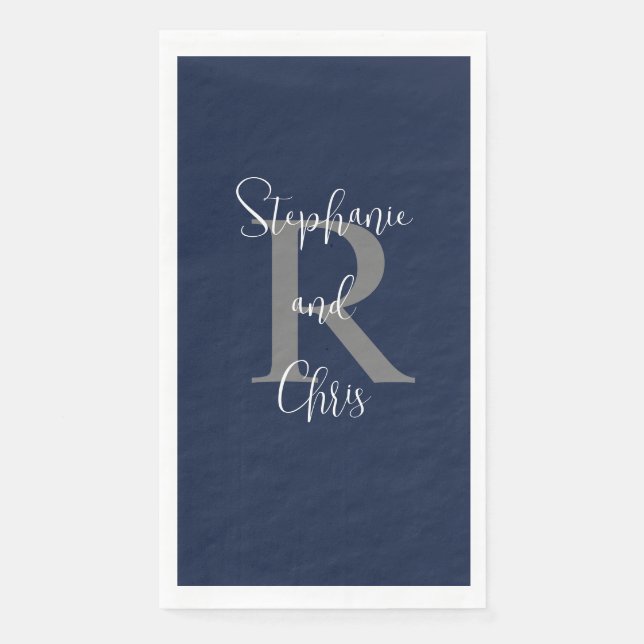 Serviette En Papier Marine Bleu Blanc Nom Monogramme Papier Serviette  (Devant)