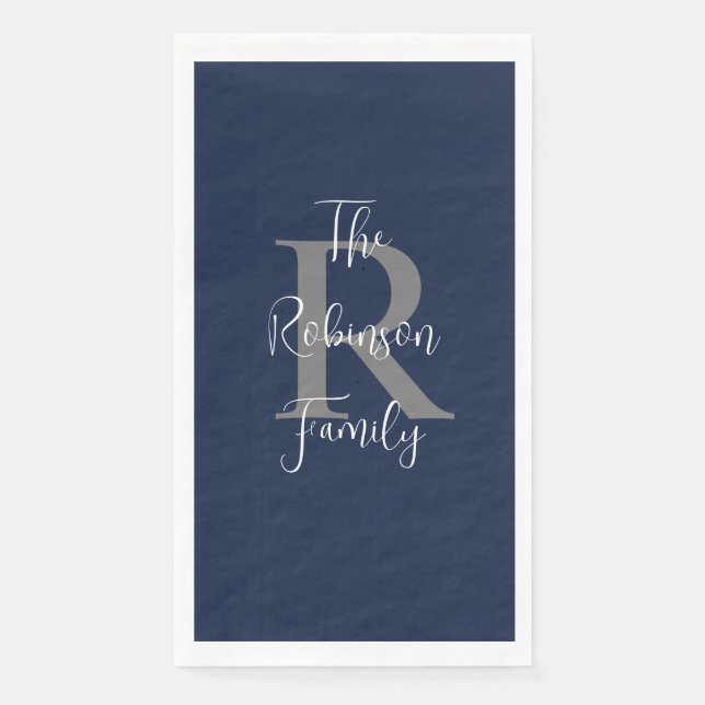 Serviette En Papier Marine Bleu Blanc Nom Monogramme Papier Serviette  (Devant)