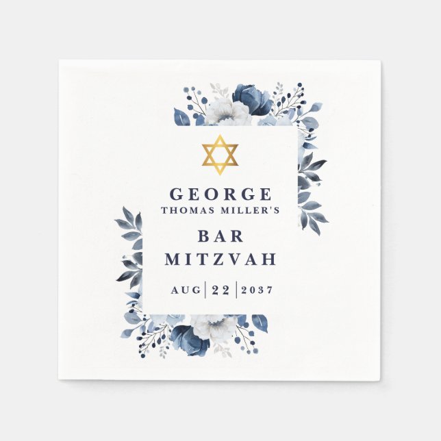 Serviette En Papier Marine Bleu Botanique Bar Mitzvah Bat mitzvah (Devant)